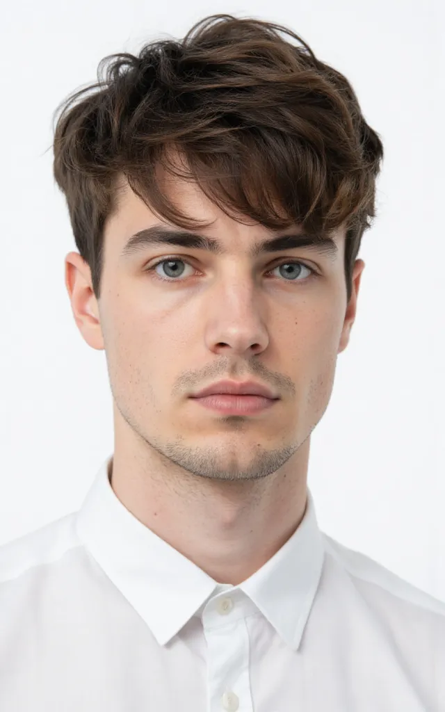 A French male model with a Layered haircut, wearing a shirt, against a white background, in a front   facing bust portrait